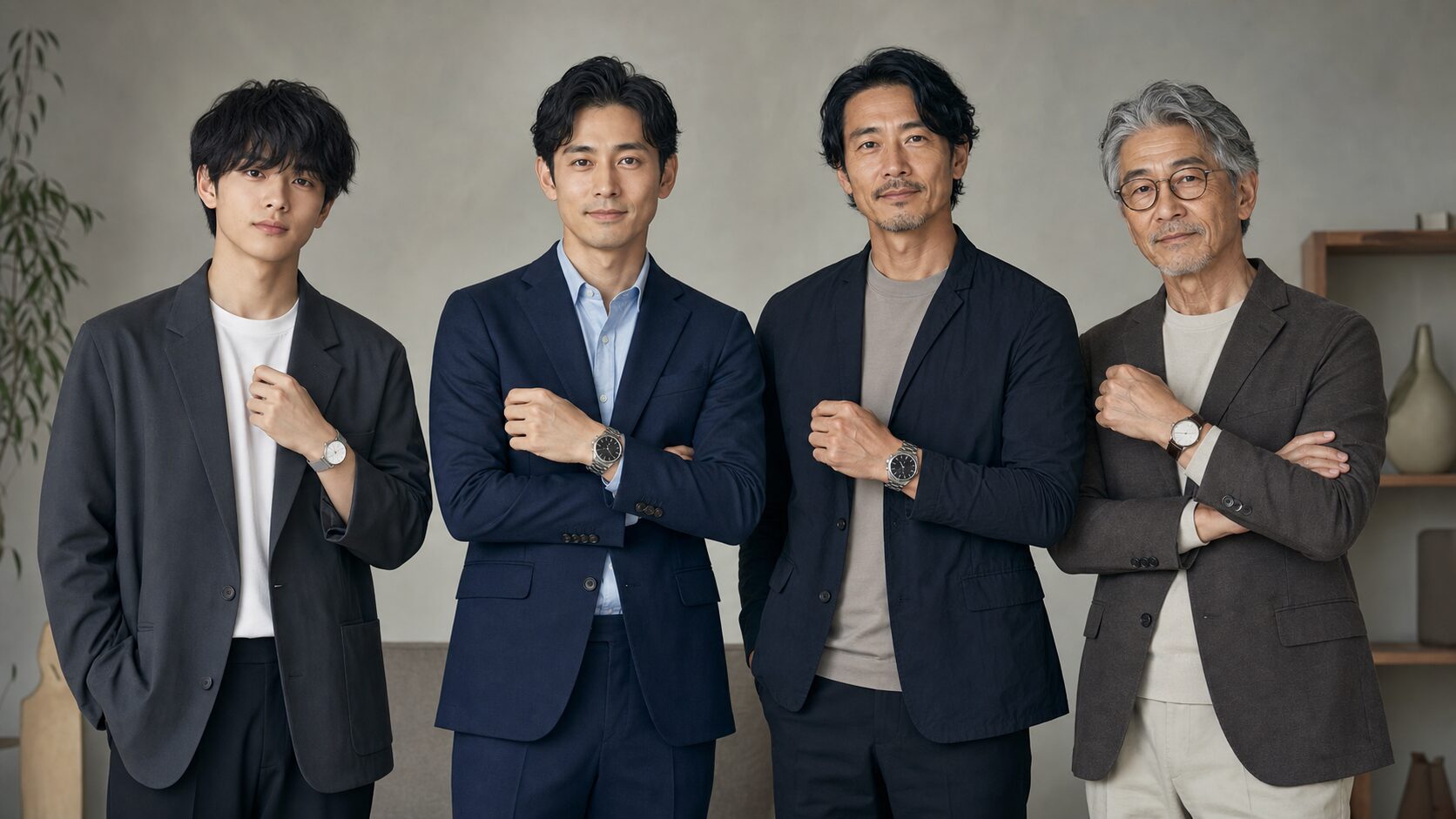 年代に合う腕時計を着けた20代から60代の日本人男性4人