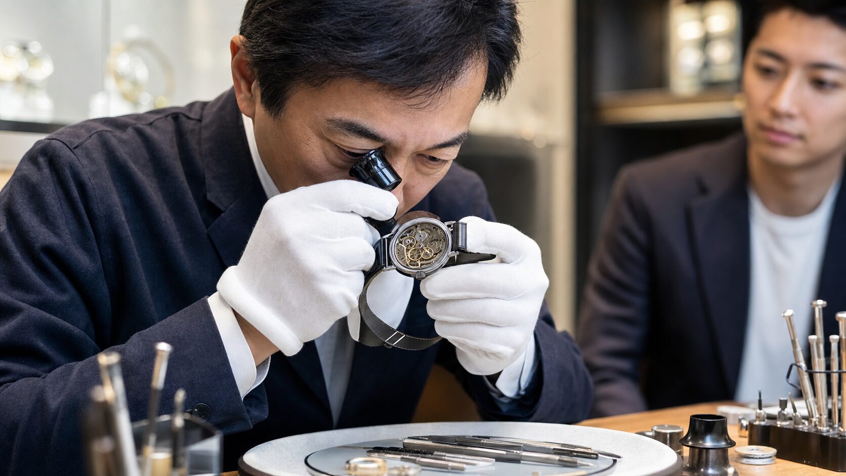 腕時計の内部機構をルーペで確認する日本人の時計専門スタッフ