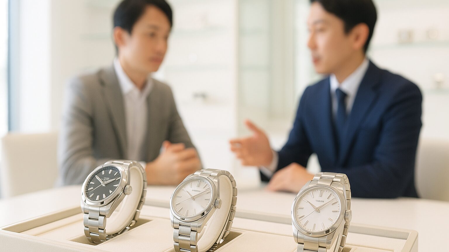 高級腕時計が並ぶ清潔で明るい店舗内で、日本人男性客が専門スタッフと相談している様子