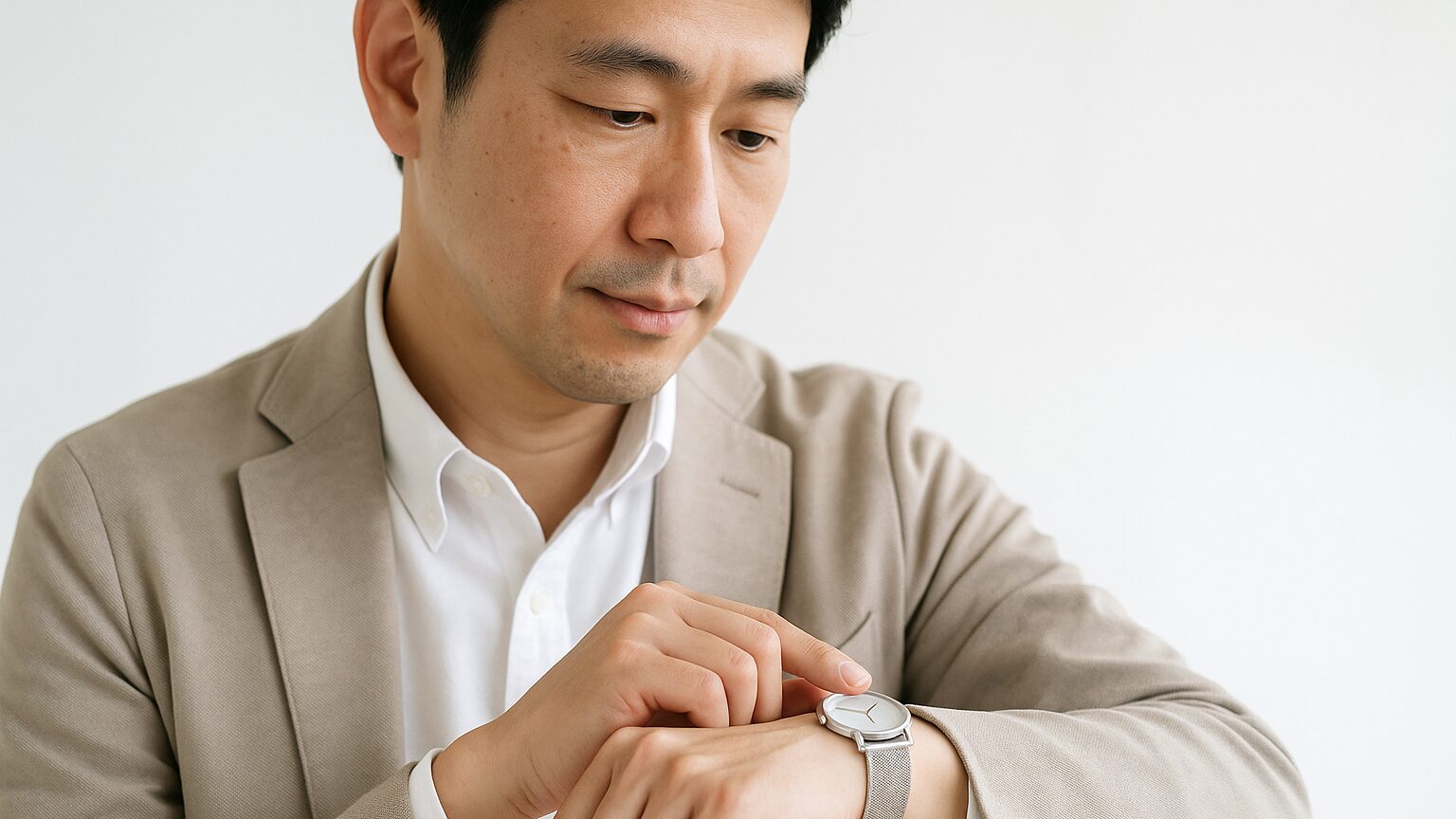 40代の日本人男性がビジネスカジュアルでスカーゲンのミニマルな腕時計を着用し、手首で美しくフィットしている様子