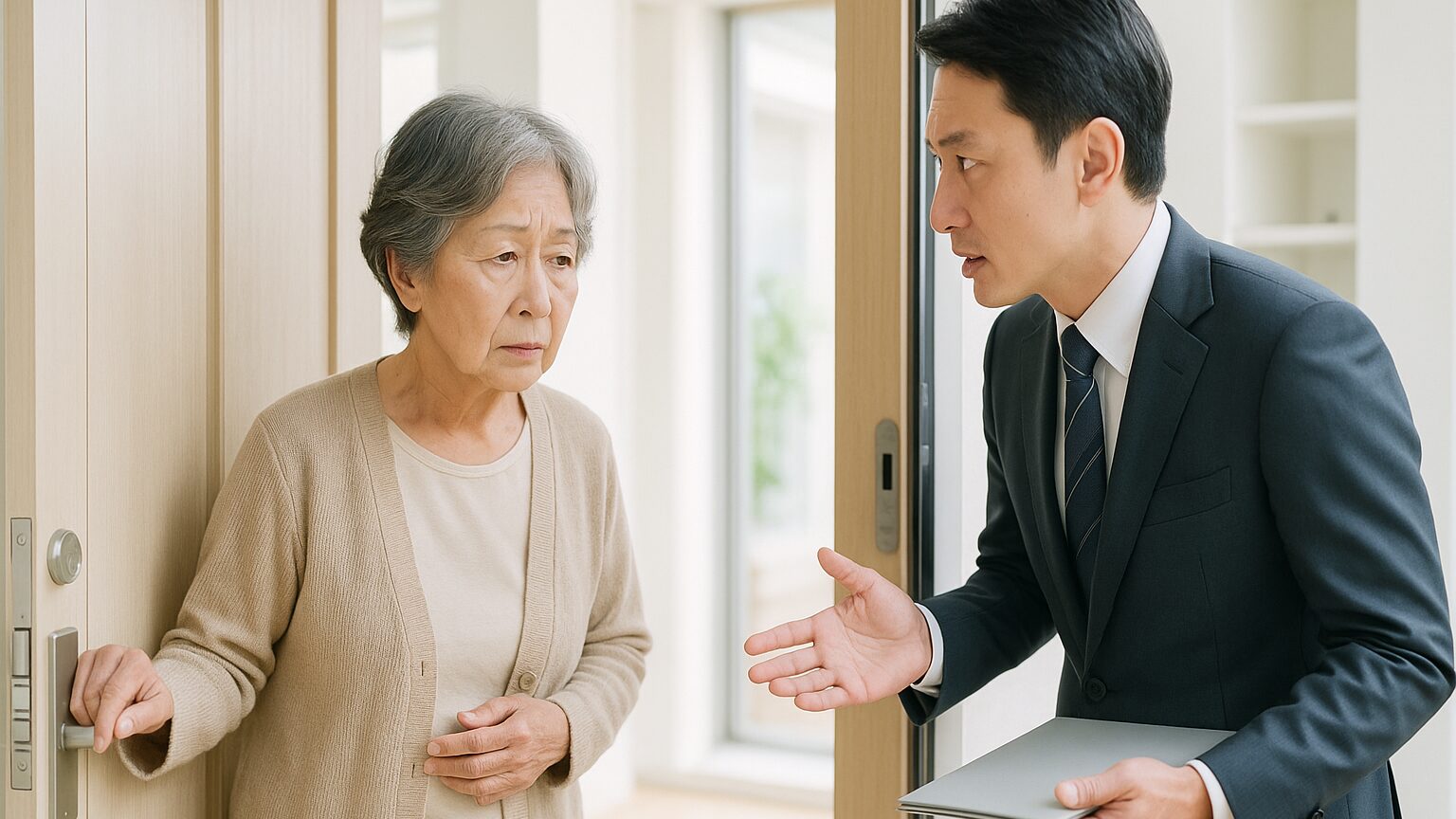 戸口で押し買いを仕掛ける男性と戸惑う高齢の日本人女性の様子
