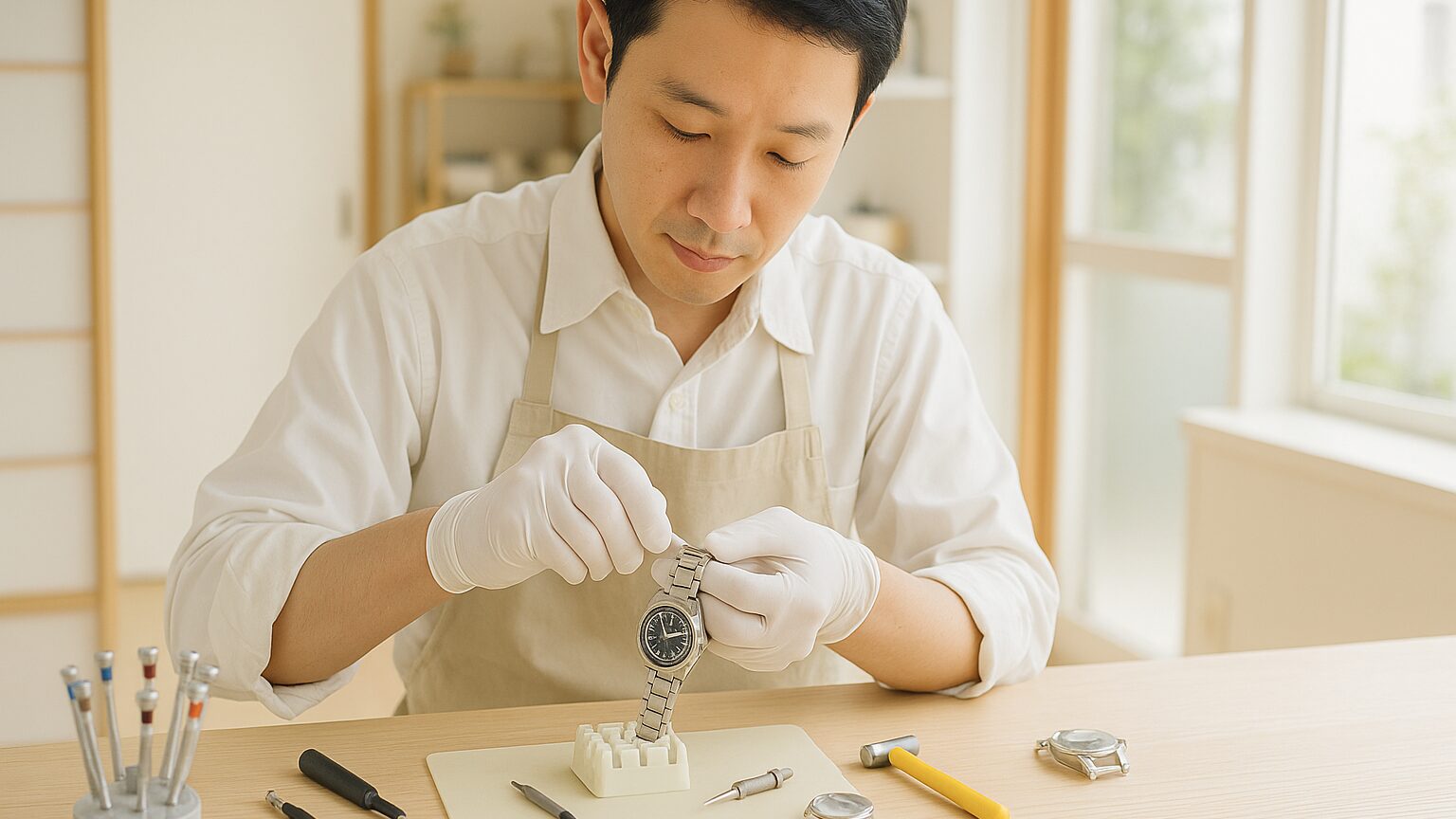 日本人の時計技師が明るい時計修理店のカウンターで腕時計のバンド調整をしている様子の写真