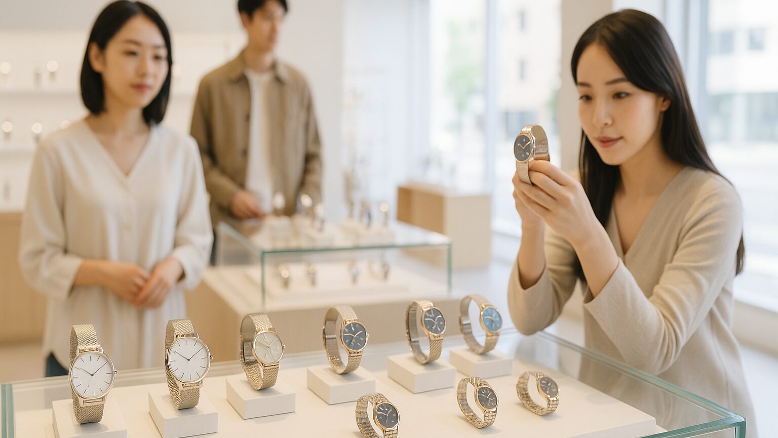 清潔で明るい正規販売店でスカーゲンの腕時計が並べられている様子、男性客が商品を丁寧に見ている光景の写真