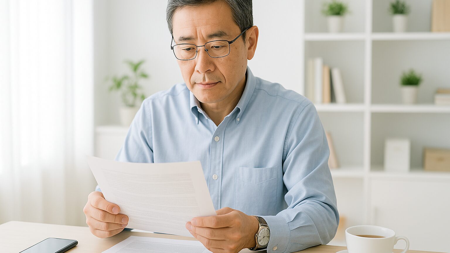 明るいホームオフィスで法的契約書を読みながら冷静に対応する日本人中年男性の姿