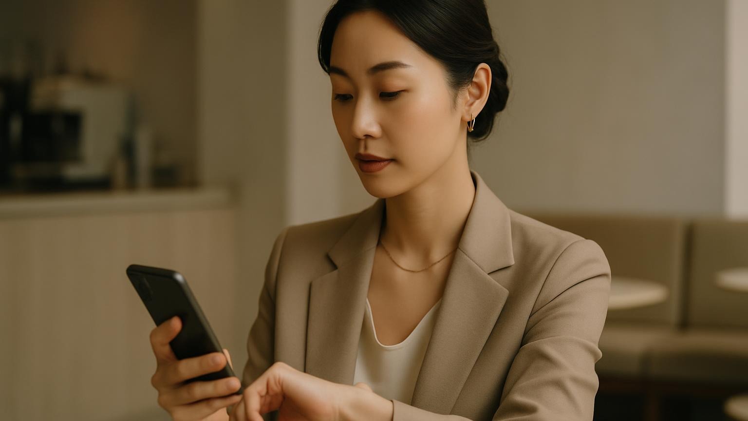 統計データと現代のライフスタイルを示す、スマホで時間を確認する日本人女性の姿。腕時計しない人 増えた背景を視覚的に表現。