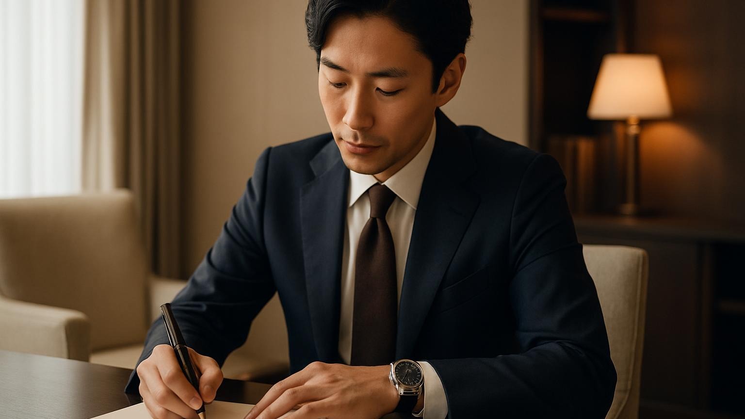 利き手の邪魔にならず、左手に腕時計を着けて快適に筆記作業を行う日本人男性。 利き手の邪魔にならず、左手に腕時計を着けて快適に筆記作業を行う日本人男性。