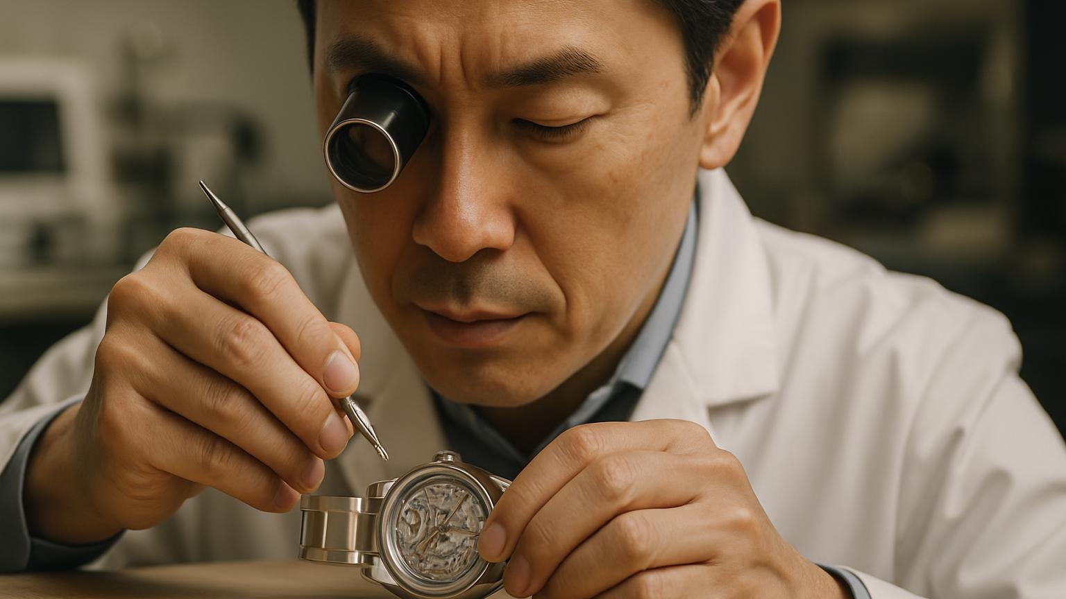 専門の日本人時計技師がチタン製腕時計を精密に修理・再仕上げしている様子。加工や修理の難しさは、腕時計 チタン デメリットの一つです。 専門の日本人時計技師がチタン製腕時計を精密に修理・再仕上げしている様子。加工や修理の難しさは、腕時計 チタン デメリットの一つです。