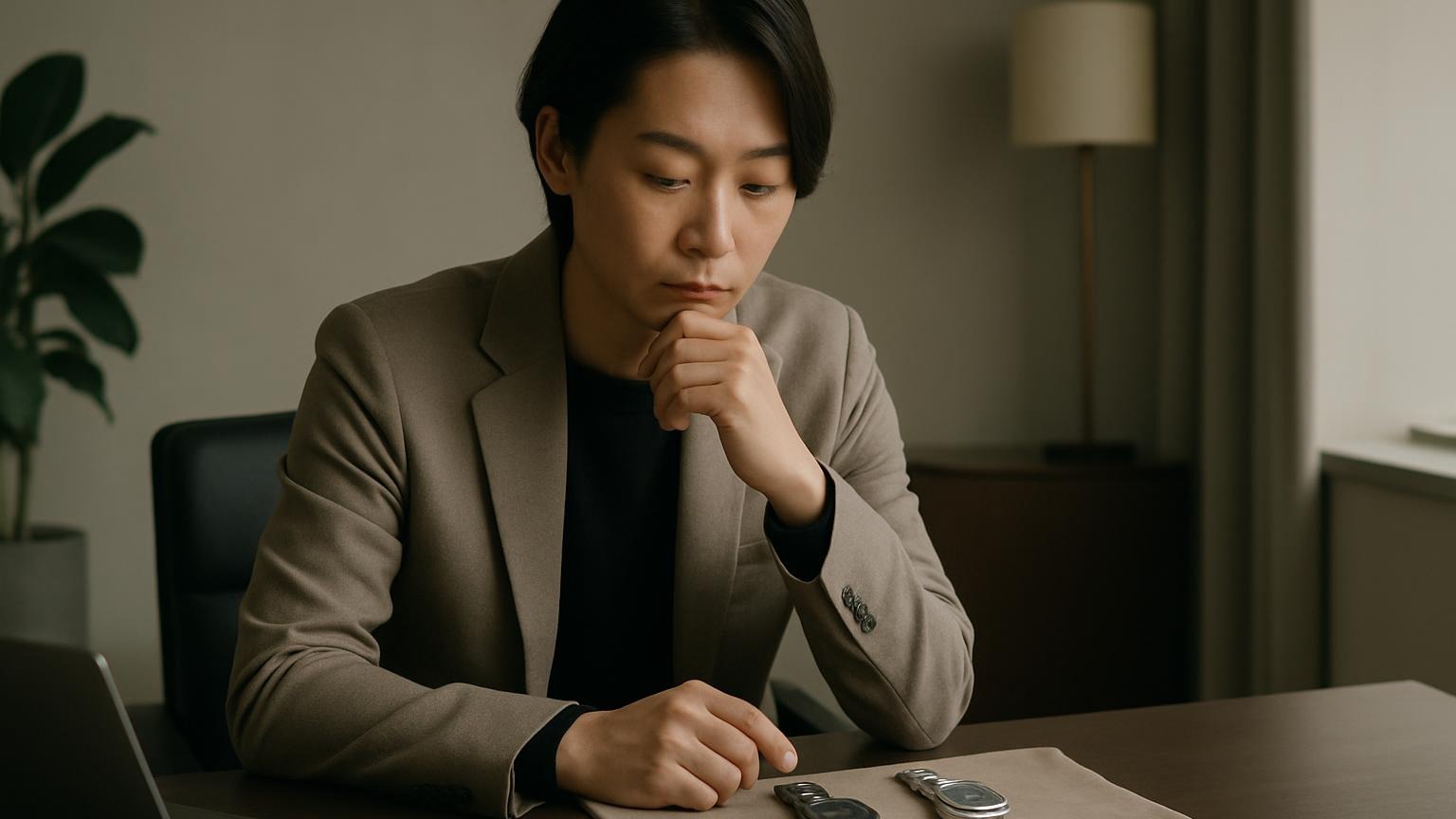 チタン製腕時計とステンレス製腕時計を比較検討する日本人。腕時計 チタン デメリットを踏まえた上で、自分に合った最適な選び方を考える様子を表現。 チタン製腕時計とステンレス製腕時計を比較検討する日本人。腕時計 チタン デメリットを踏まえた上で、自分に合った最適な選び方を考える様子を表現。