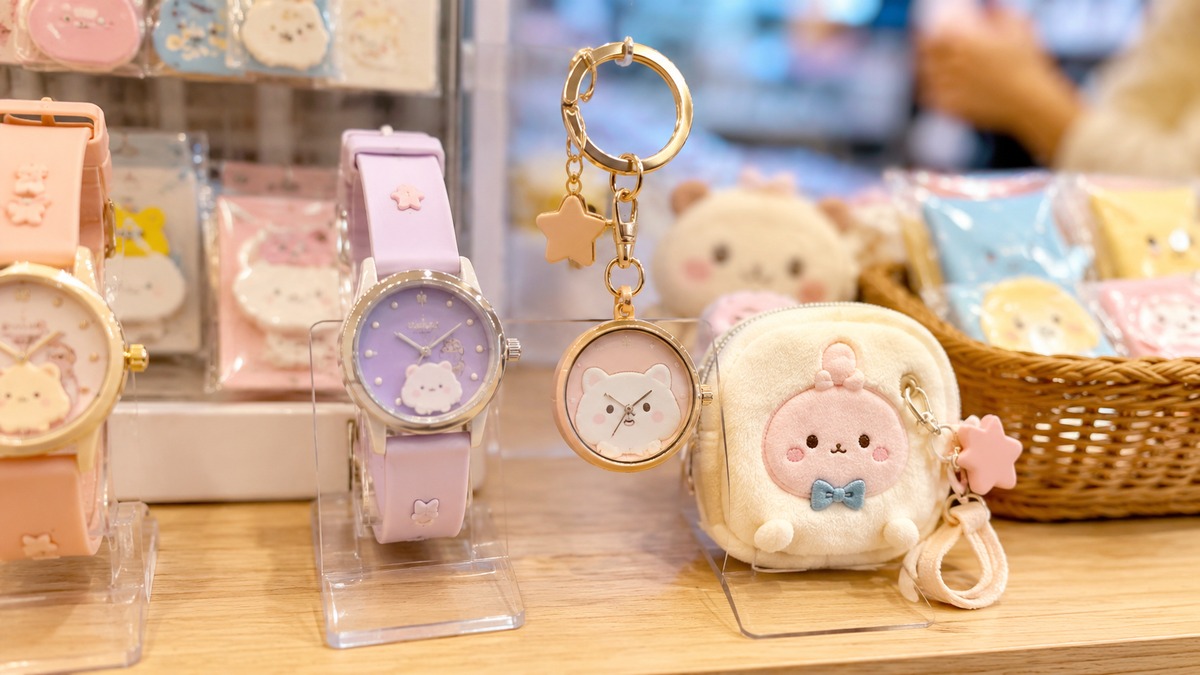 パステルカラーの腕時計とキーチェーンウォッチの店頭ディスプレイ