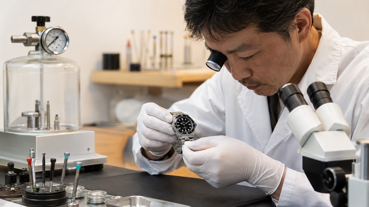 防水時計を検査機器のある作業台で確認する日本人の時計専門スタッフ