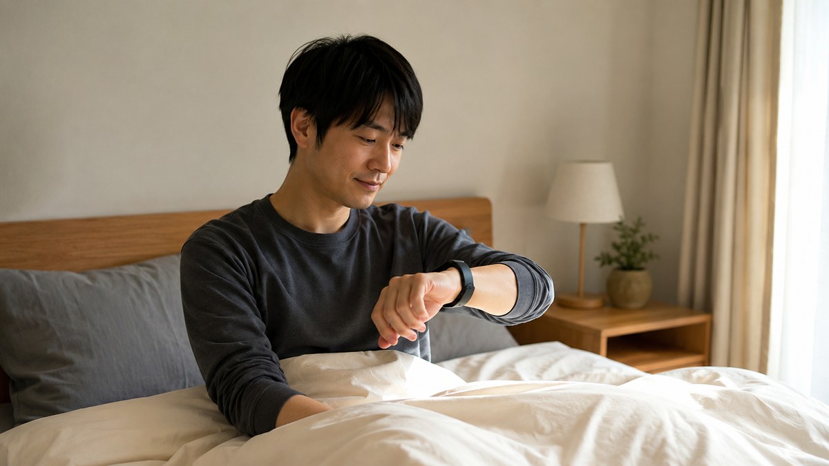 振動アラーム腕時計で静かに目覚める日本人男性