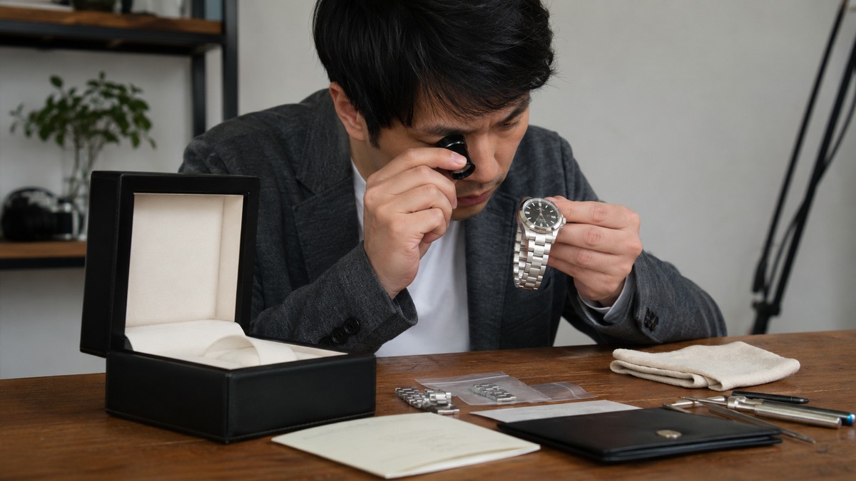 中古腕時計の状態と付属品をルーペで確認する日本人男性