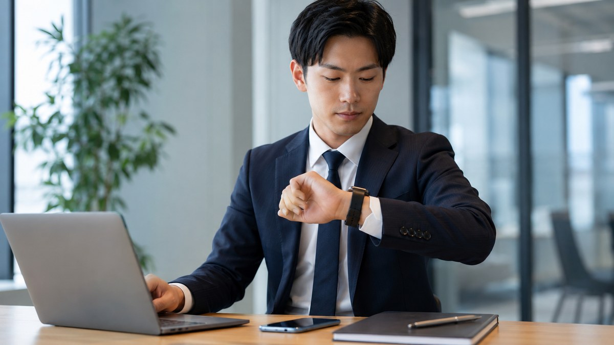 オフィスで腕時計の振動通知を確認する日本人男性