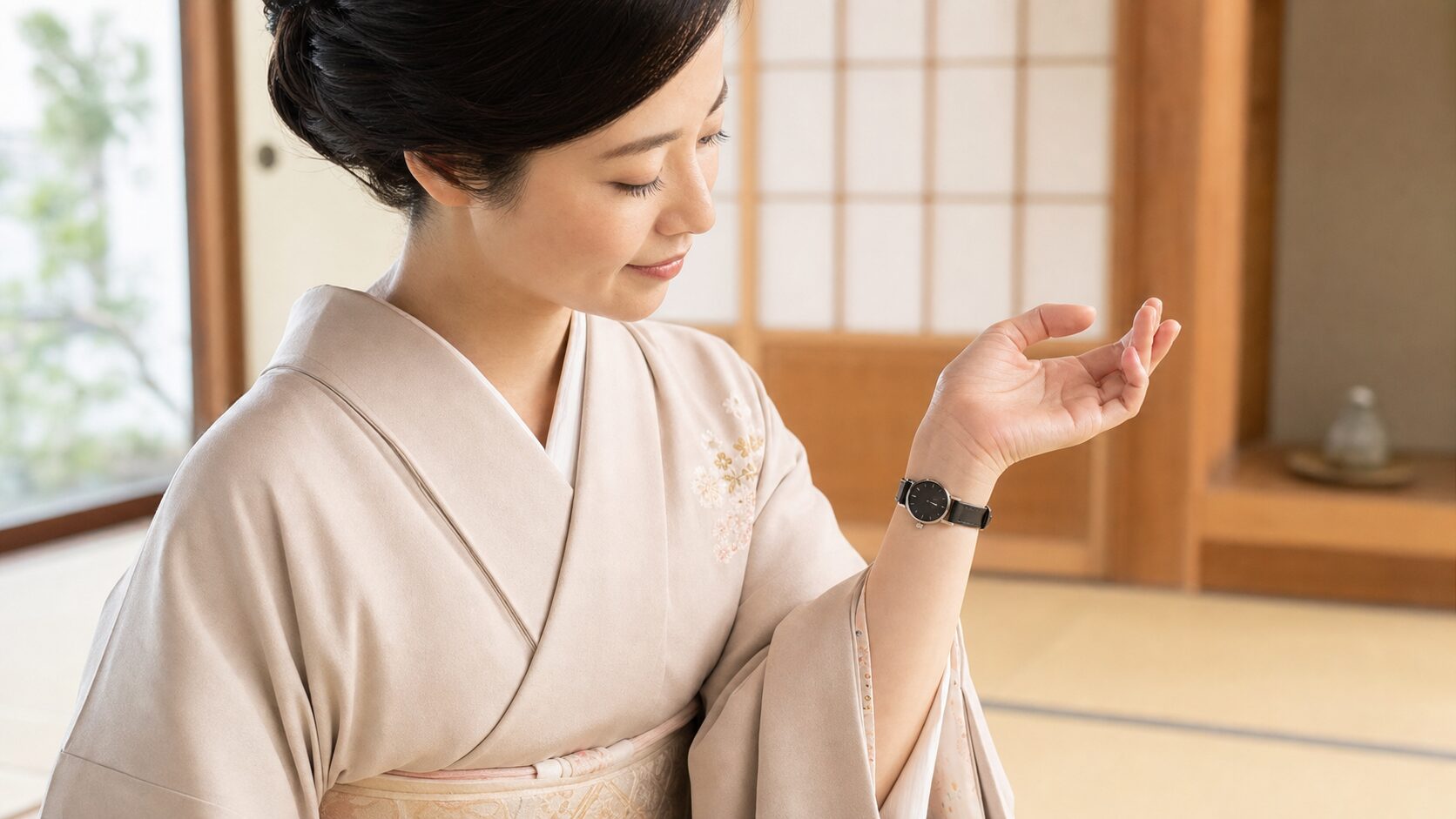 着物姿で黒文字盤の腕時計を手首の内側に着ける日本人女性