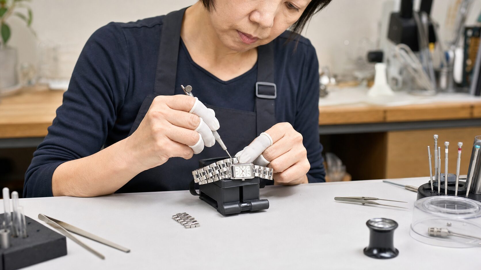 女性用ブレスレット腕時計のコマを専用工具で調整する日本人技術者