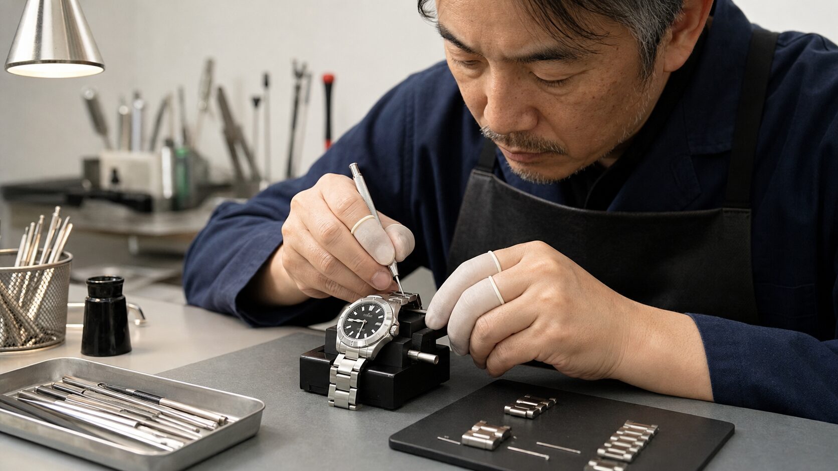 腕時計の金属ブレスレットを専用工具で調整する日本人技術者