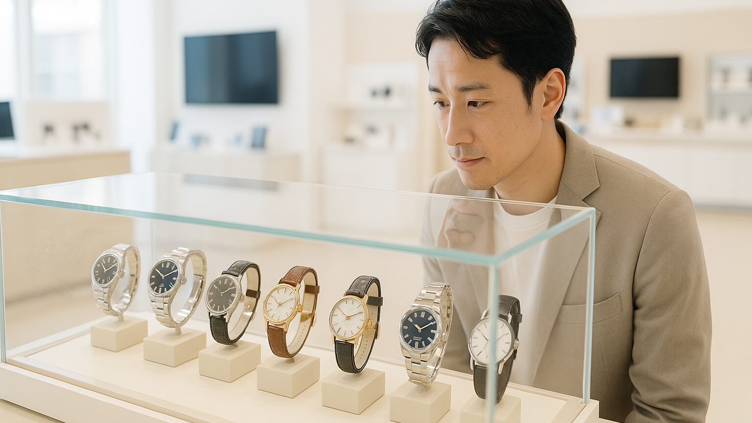 家電量販店の腕時計ショーケースに並べられた高級時計の様子。明るい自然光の中で金属ブレスや革ベルトが輝いている。