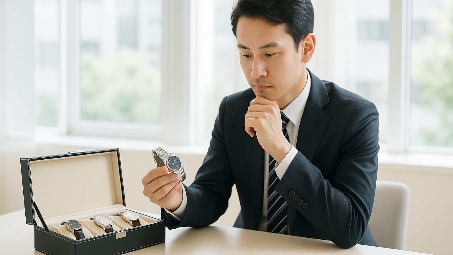 明るいオフィスで腕時計を選ぶ日本人ビジネスマンの姿