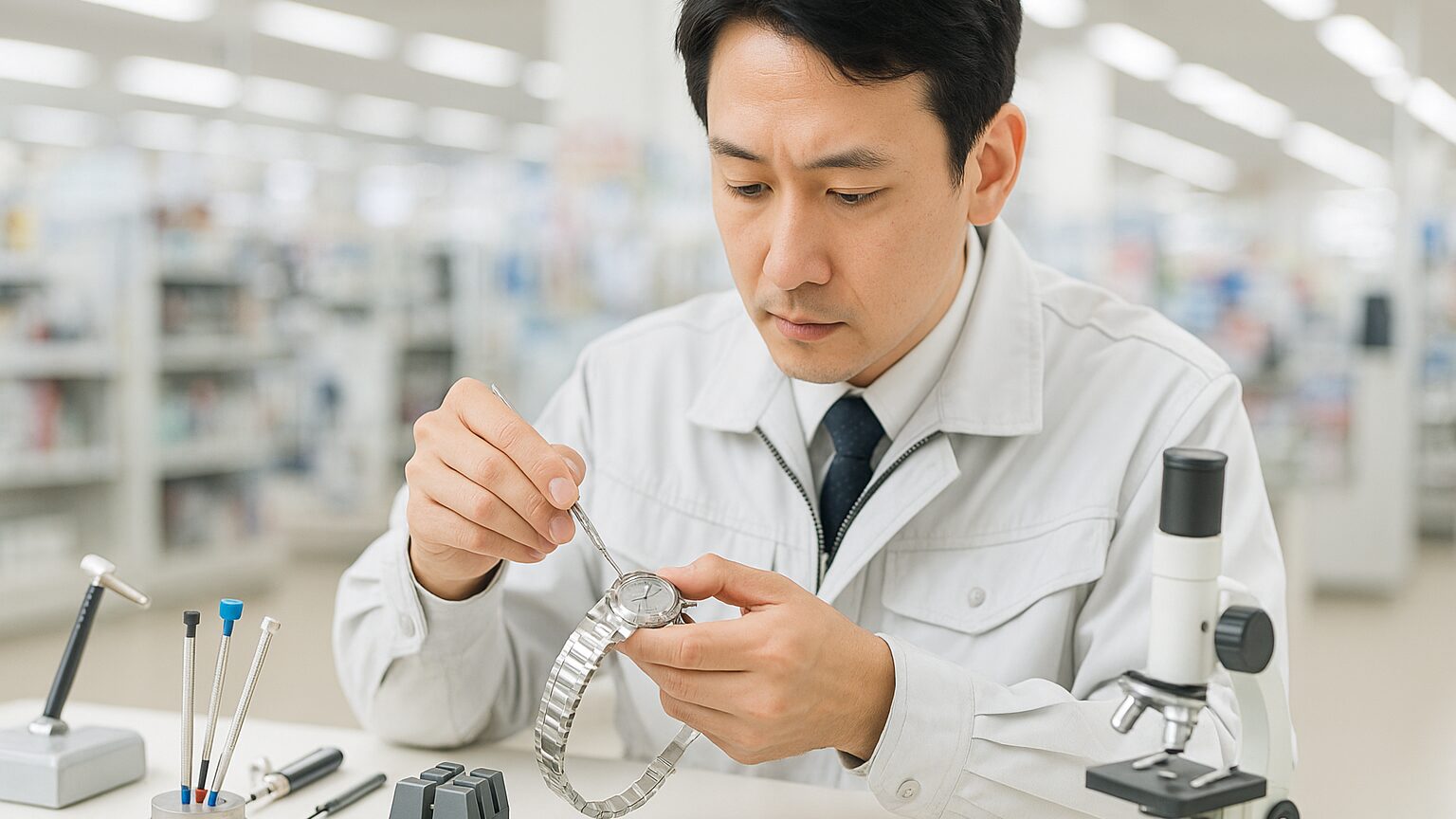家電量販店内の時計修理コーナーで、技術者が専門工具を使って時計のベルト調整を行っている様子。